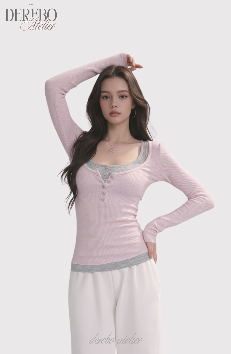 Pink bear ribbed long-sleeved T-shirt