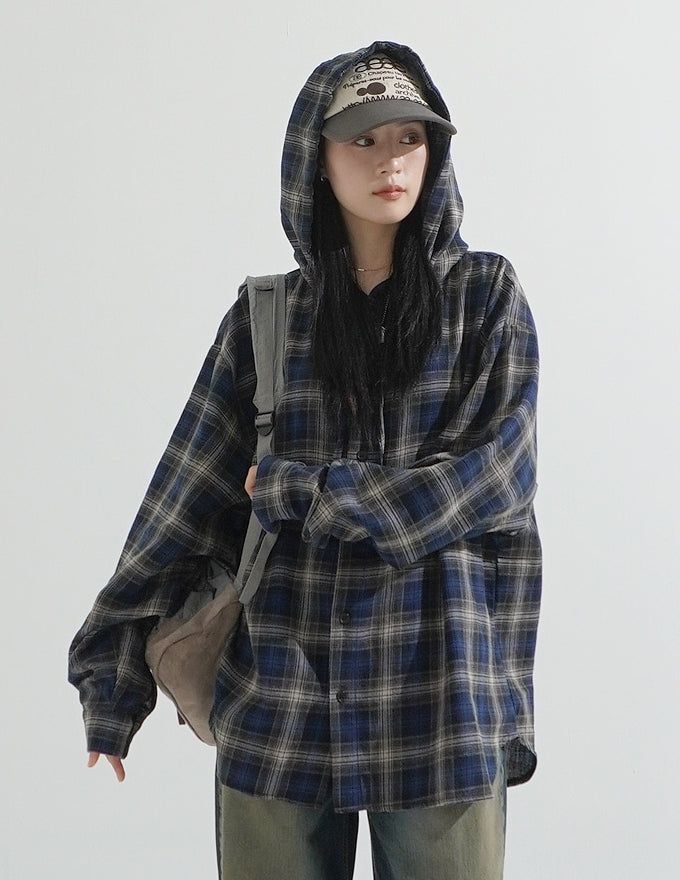 Retro flannel check hood shirt