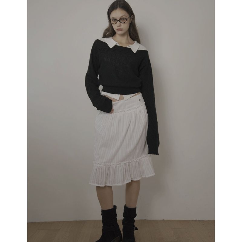 CABLE BOAT NECK KNIT-BLACK