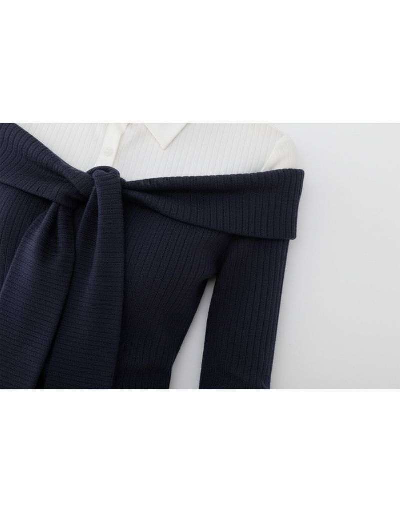 Elise Off-Shoulder Tie Ribbed Knit Navy