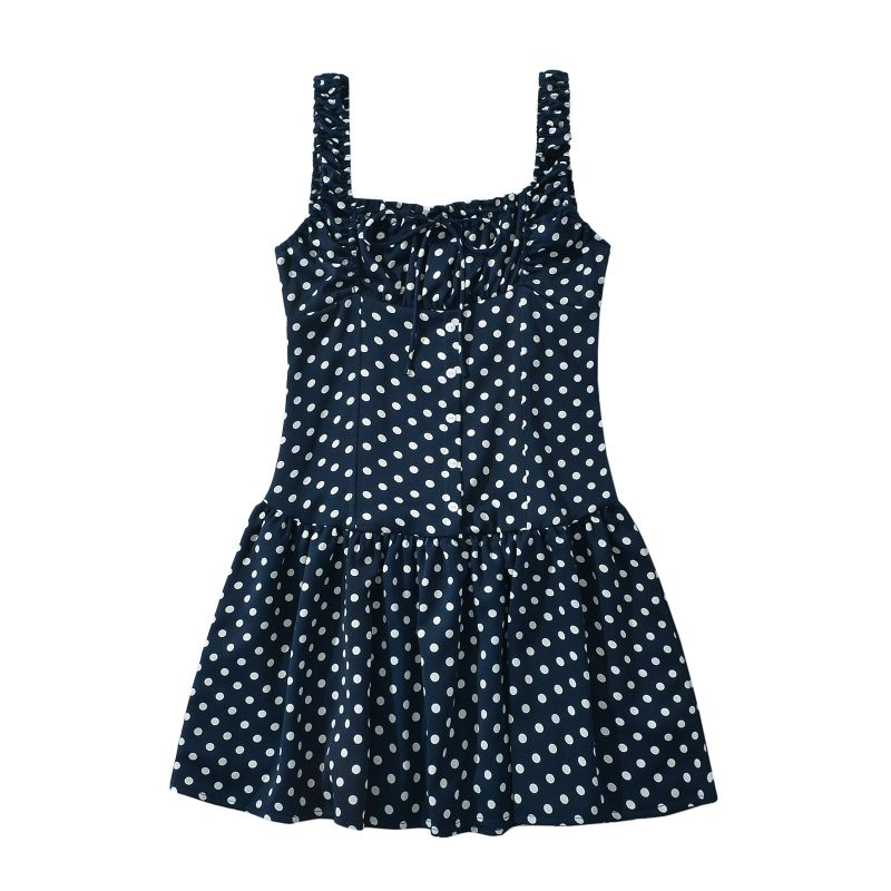 Navy Dotted Square Neck Flared Dress