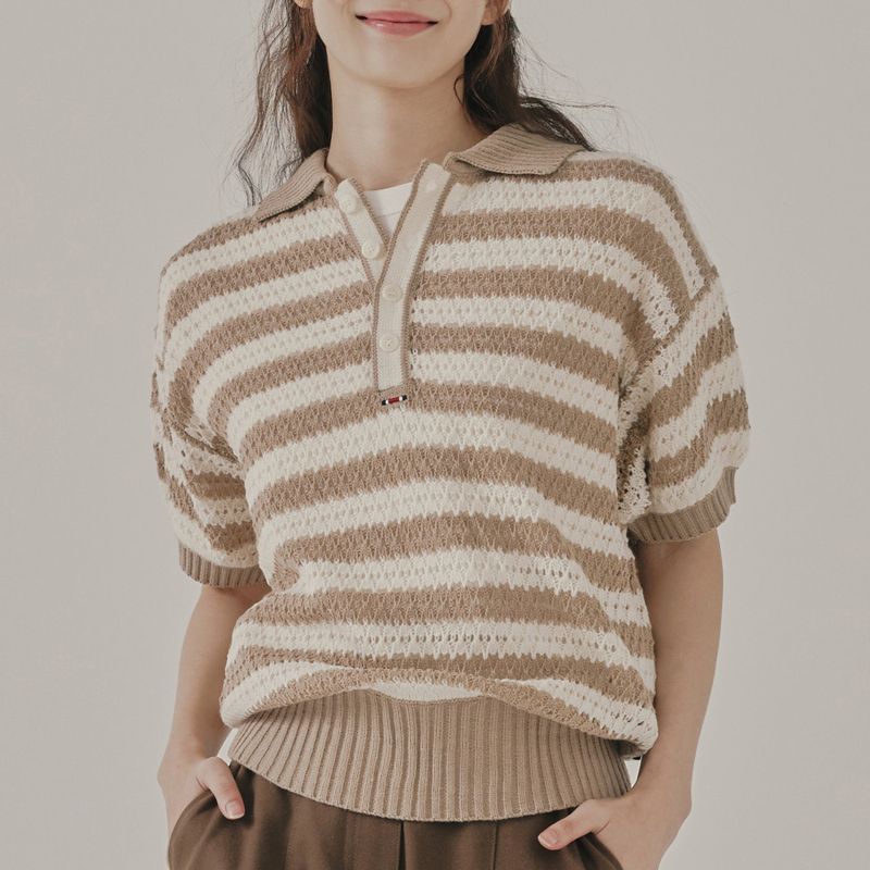 ROMANTIC CROWN(ロマンティッククラウン)の「PUNCHING KNIT POLO_BEIGE(Tops)」