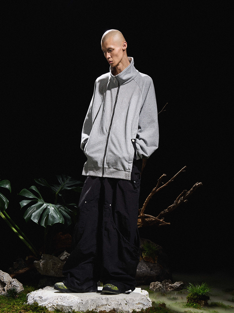 RELABEL 24AW バタフライ - スケール スプリット ナイロン パッチワーク デコンストラクト シームブレーカー スタンドカラー ジップ スウェットシャツ