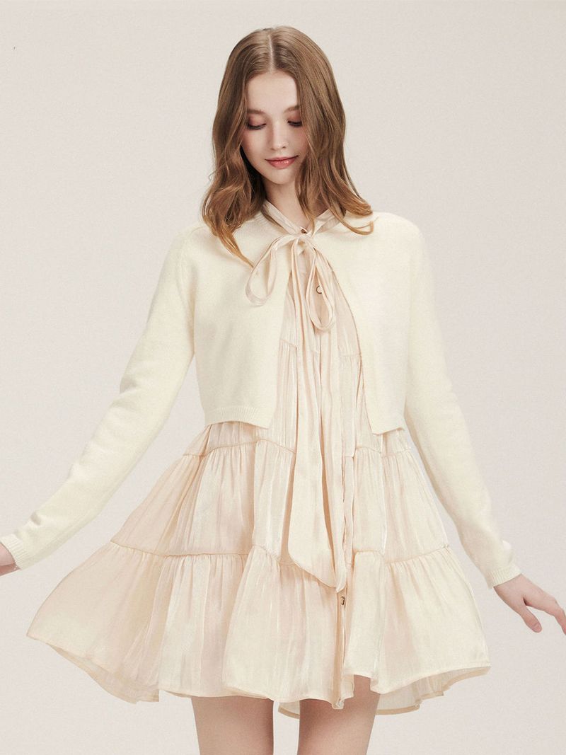 Peach puff ribbon neck shirt button dress