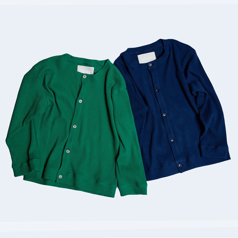 DAMP ROUND-NECK WAFFLE CARDIGAN_NAVY