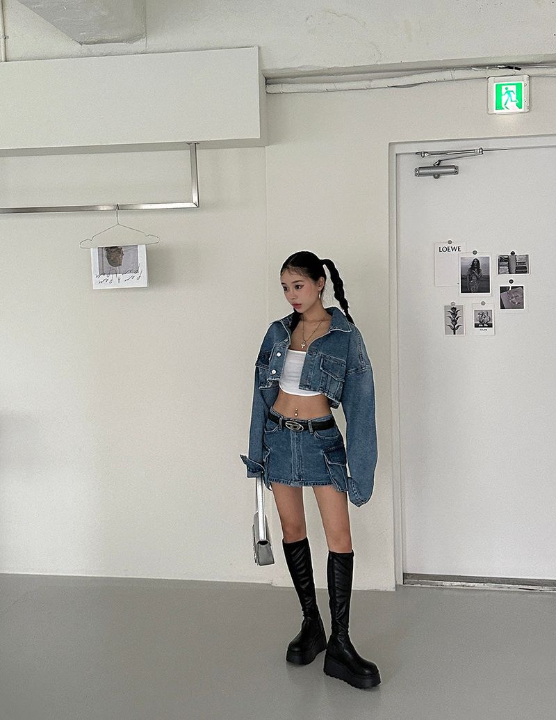 Wafer pocket cropped jean jacket