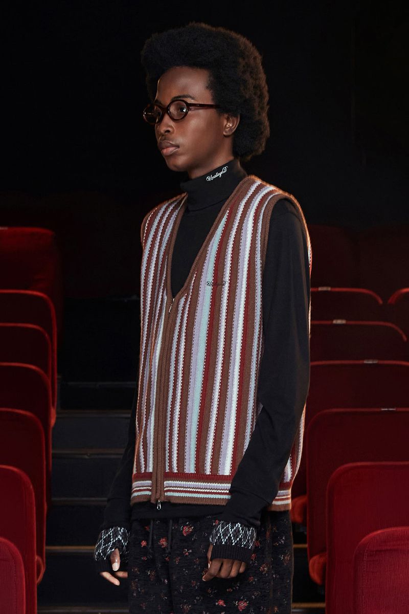 STRIPE ZIP KNIT VEST / BROWN