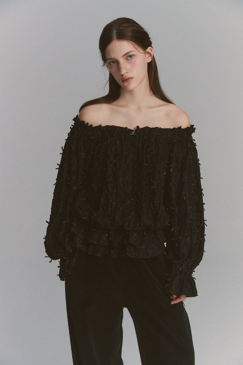 Feather Off Shoulder Blouse Black