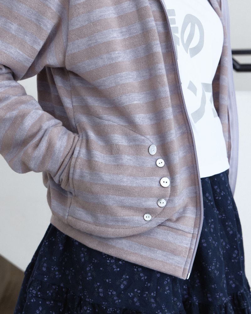 Stripe Button Knit Hooded Zip-Up