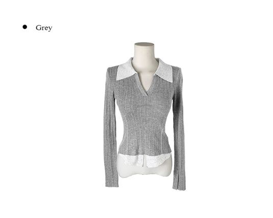 Elti Collar Color Matching Slim Ribbed Knit