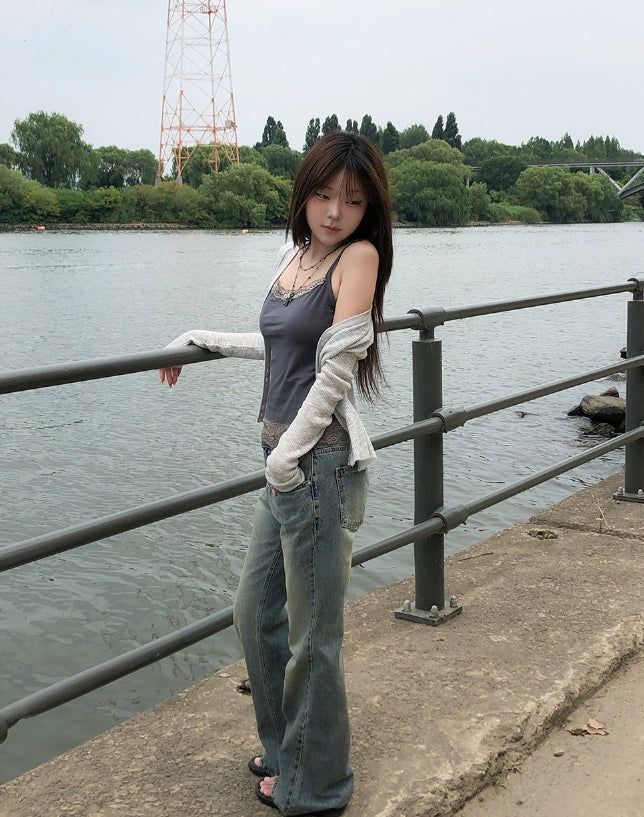 Tier Cat Washed Semi-Bootcut Denim Pants