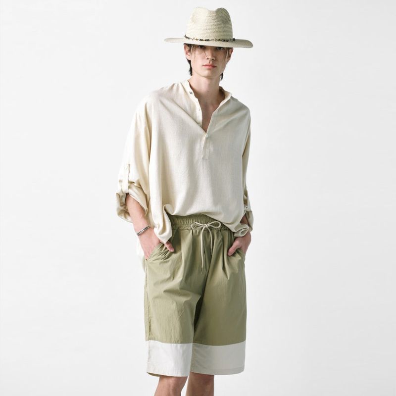 color block banding half nylon pants beige