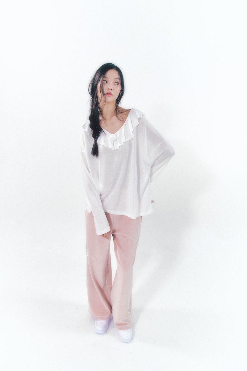 Rose Brooch Frill Long Sleeve White
