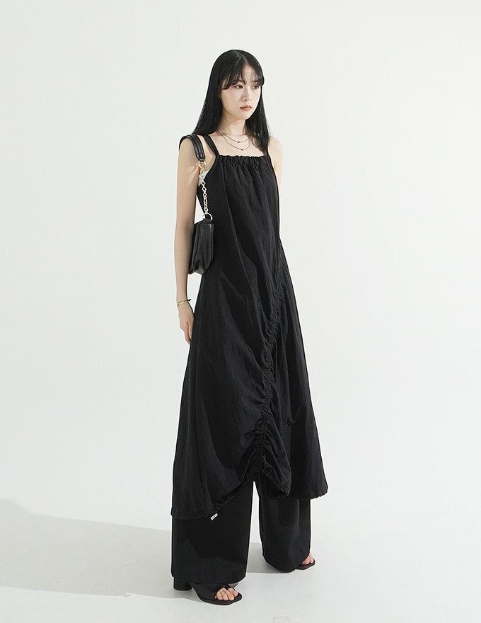 String Shirring Balloon Long Dress