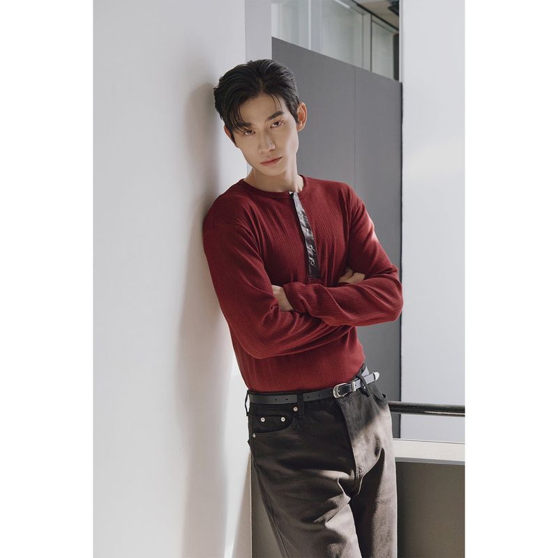 Leather ribbed henry neck long sleeves(Burgundy)
