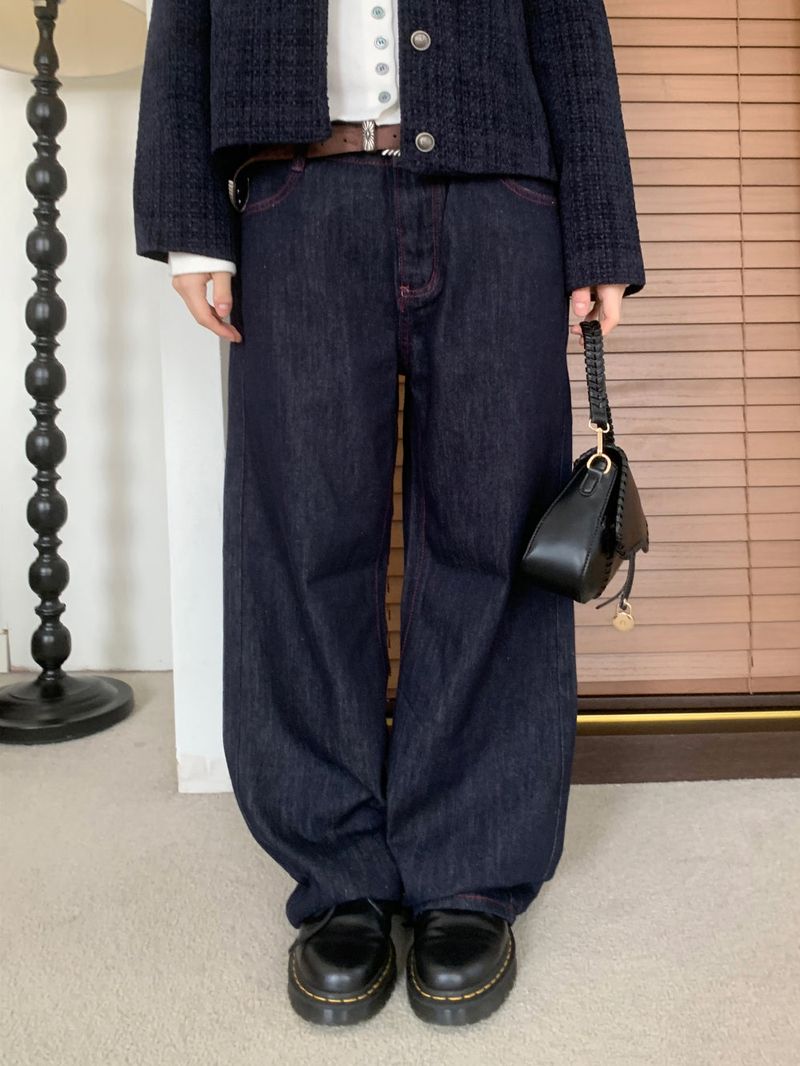 ペニーレッドステッチローワイドデニムパンツ