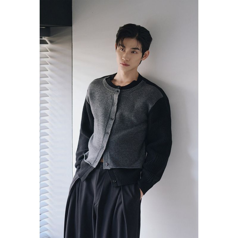 Layered wool knit cardigan(Black)