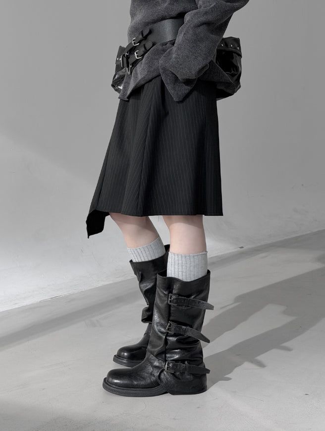 mnem（ムネム）の「Stripe unbalanced midi skirt（Skirts）」
