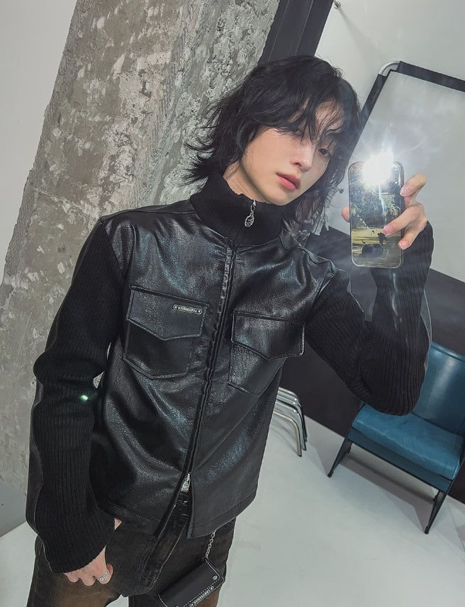 [LANARCH] Amber Leather Pocket Neck Zip-Up