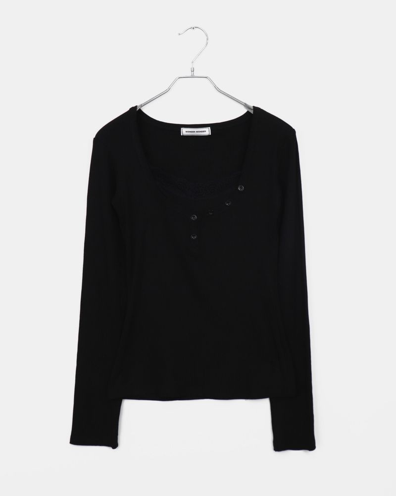 [MADE] Neube Lace Point Button Ribbed Long Sleeve Top 