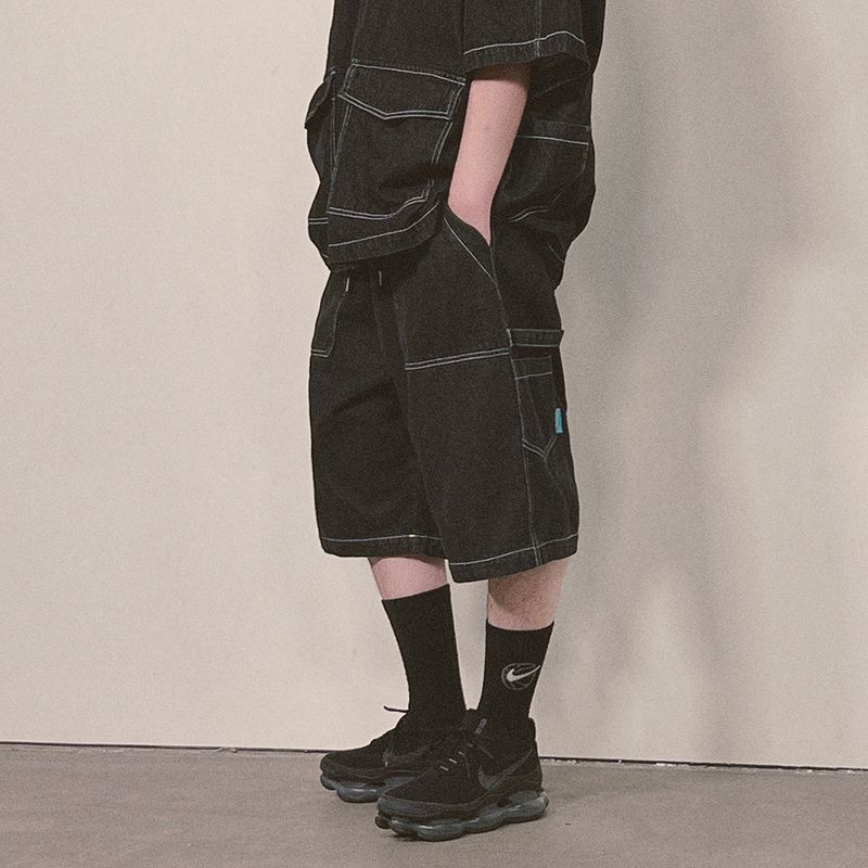 denim stitch shorts_black