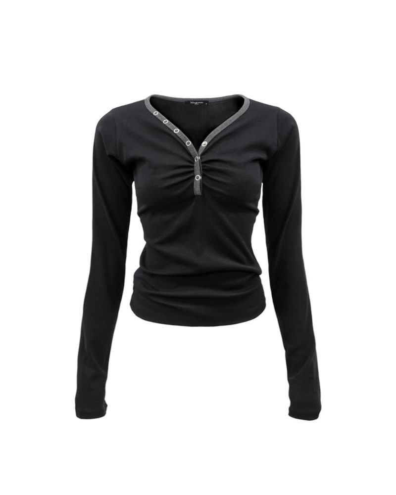 Shirring Henley Neck Long Sleeve Black