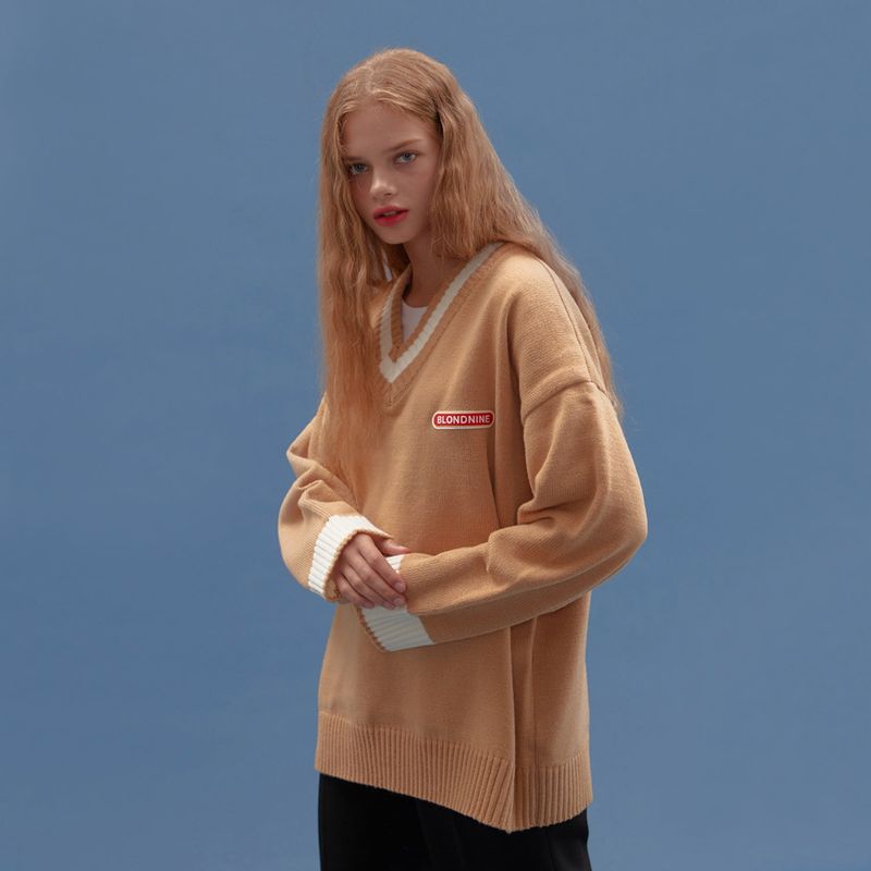BASIC V NECK  KNIT SWEATER_BEIGE