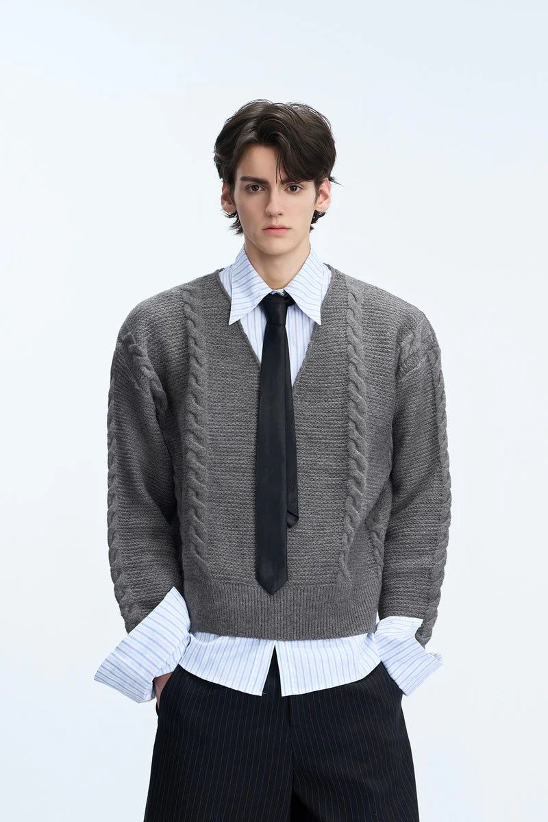 Layered V-Neck Cable Knit Sweater