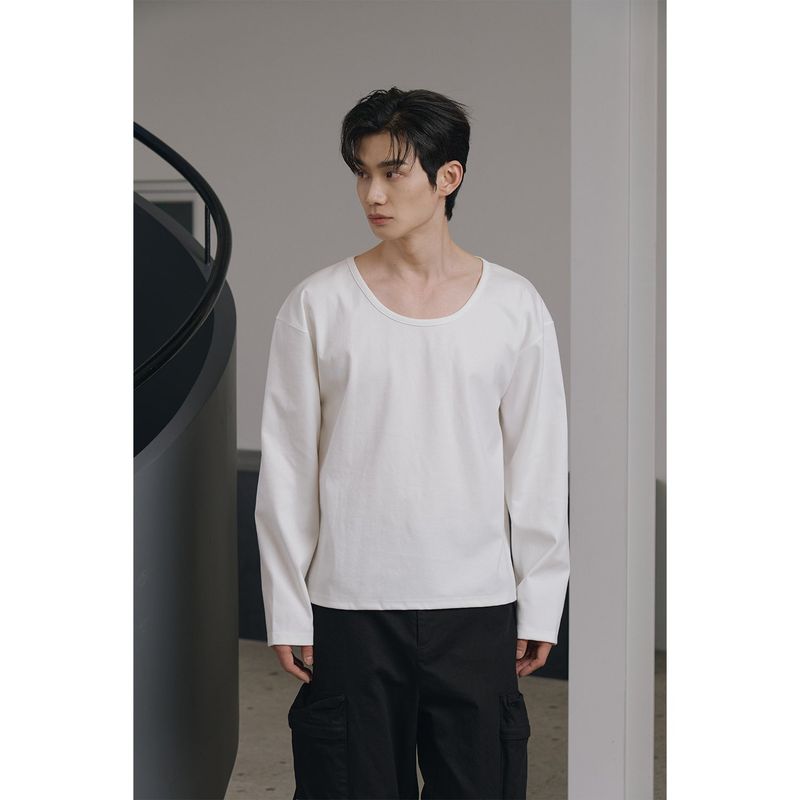 Brushed crop u neck long sleeves(White)