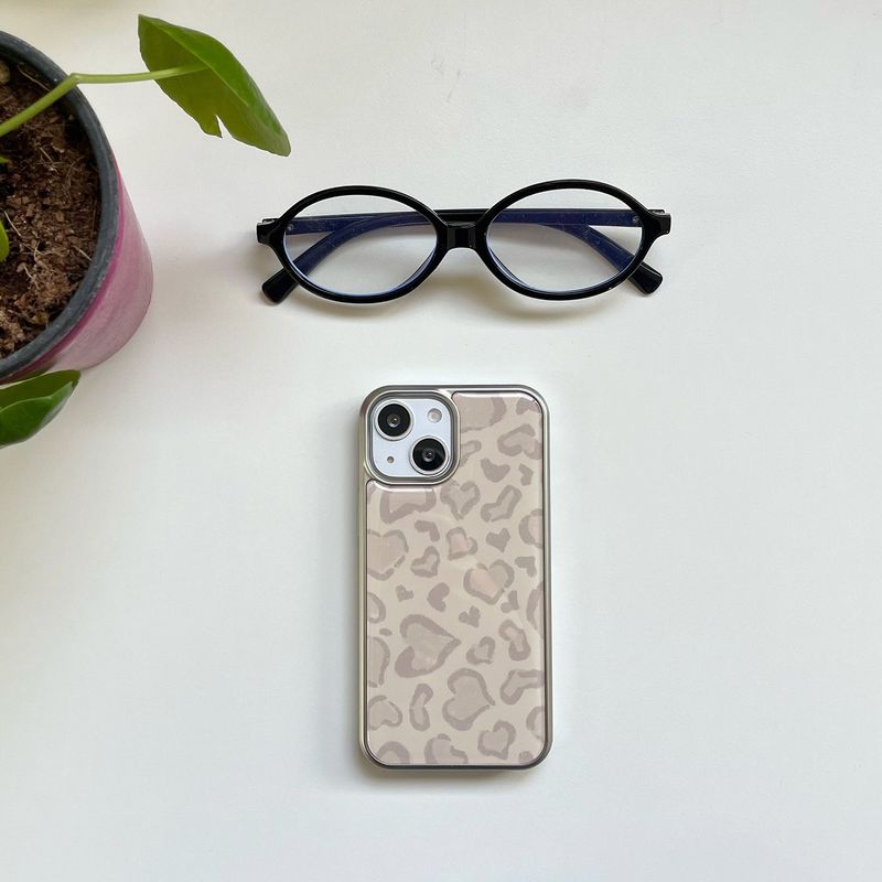 [MADE][Glass Silver Bumper Case] Heart Leopard Drawing Case ⋆ Beige