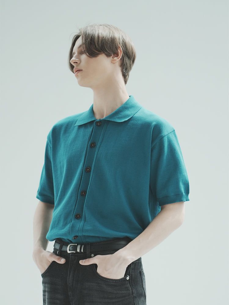T1015 OPEN SHORT-SLEEVED KNIT_BLUEGREEN