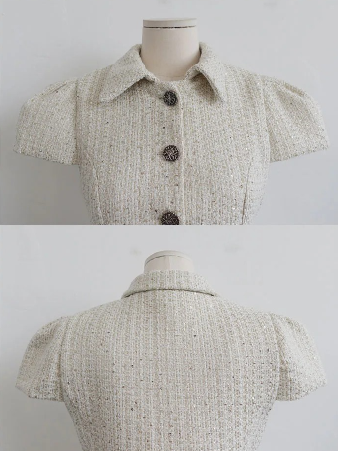 TWINKLE TWEED PUFF JACKET BLOUSE IN DARK BEIGE