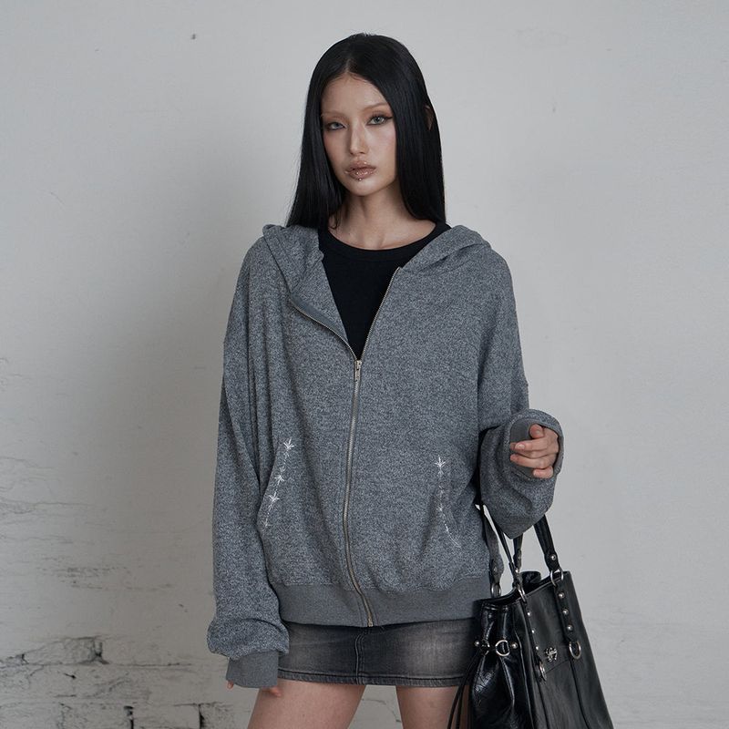 C HOODED KNIT ZIP-UP_GRAY