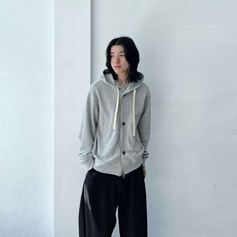 Button Detail Thick Drawstring Zip Hoodie