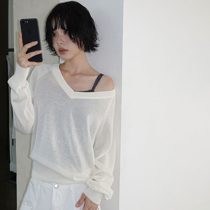 [Ahenty] linen V-neck see-through knitwear -5color