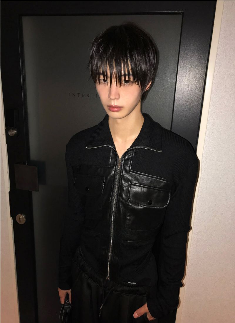 Black Leather Knit Zip-Up