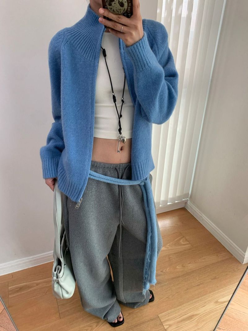 Stand Collar High Neck Zip-Up Long Sleeve Knitwear