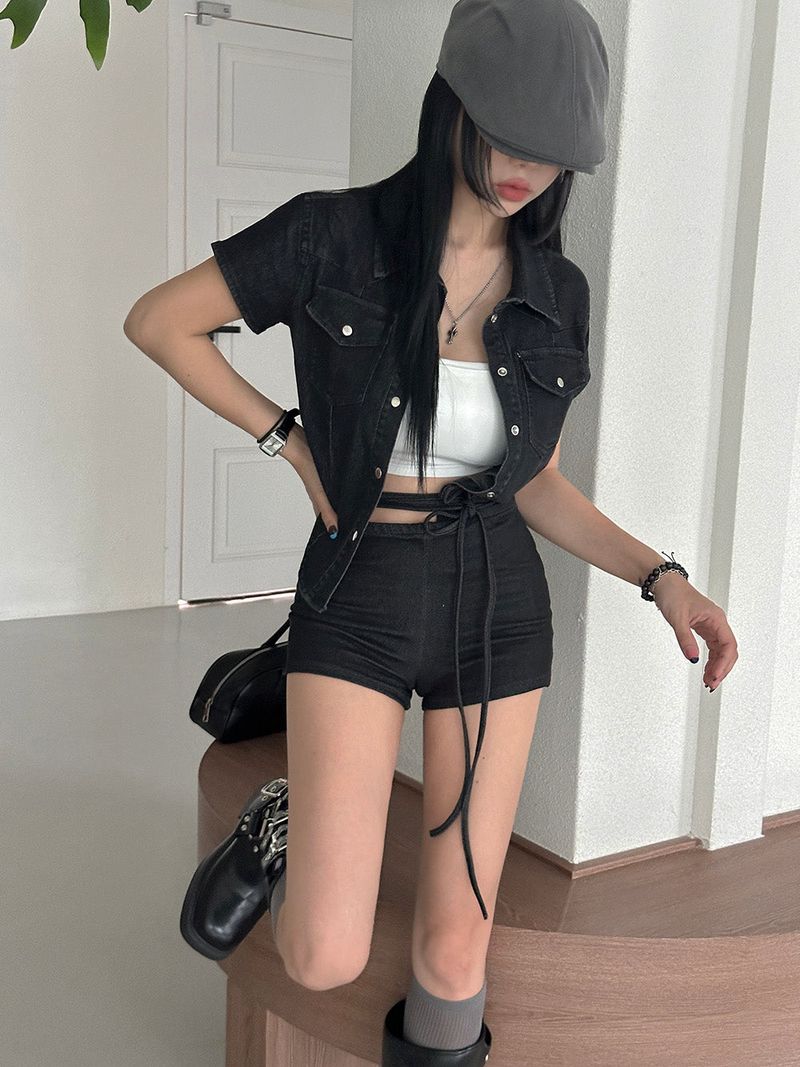 denim strap micro short pants