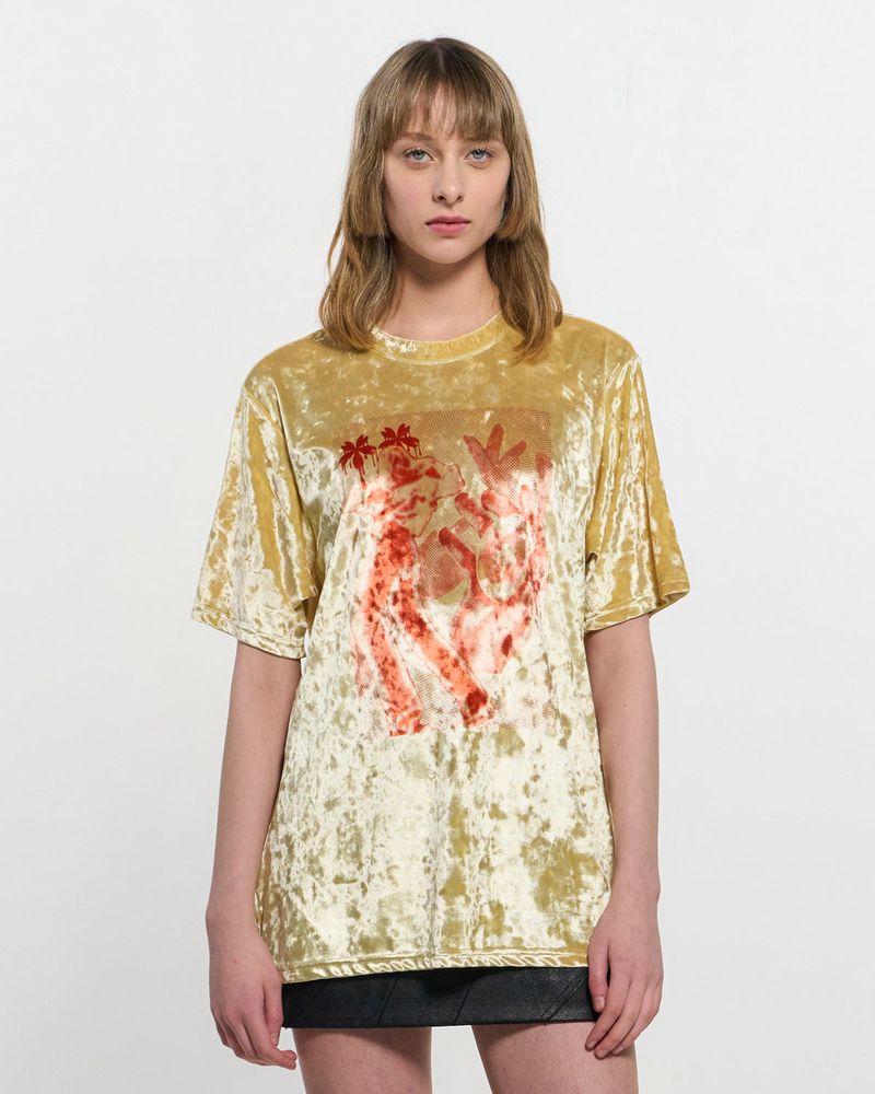 KIMZISU（キムジス）の「Velvet print Oversized T-Shirt _ YELLOW（Tops）」
