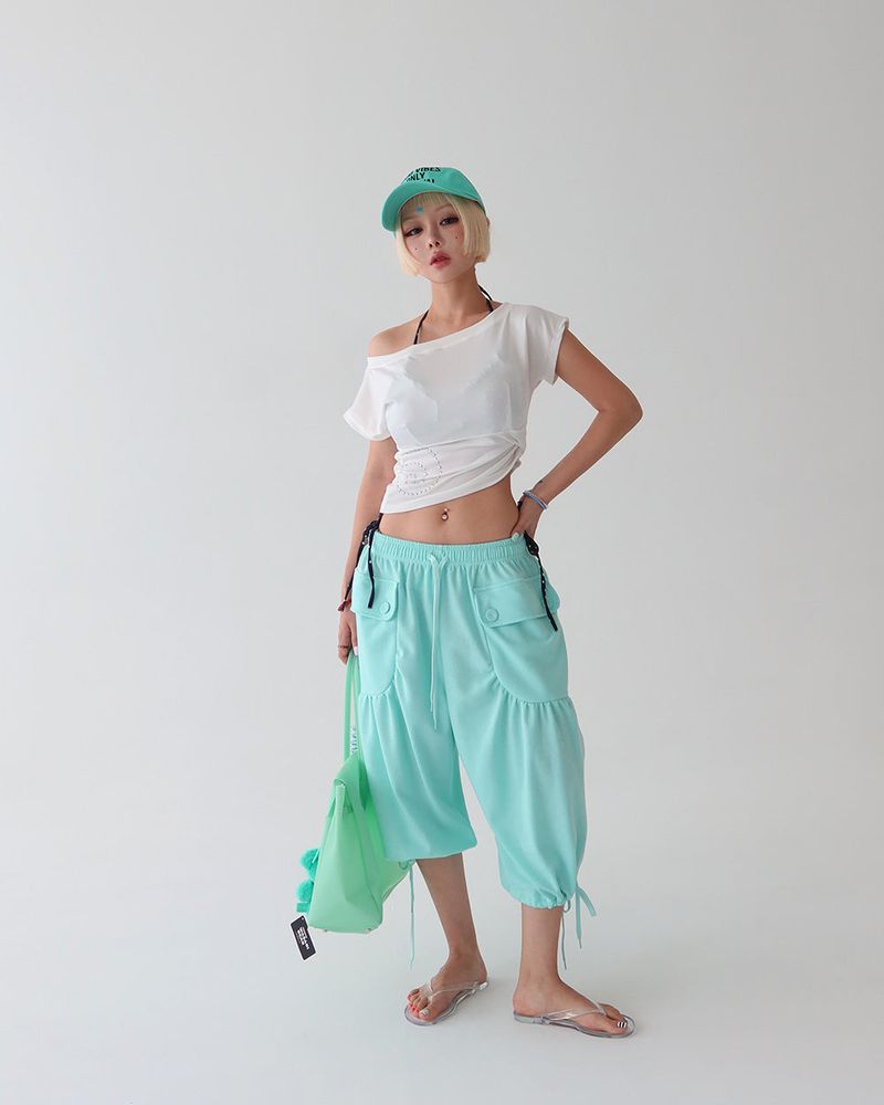 Button Big Pocket Bermuda Harem Capri Pants