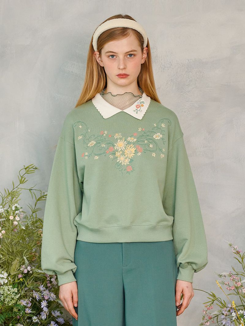 Flower Embroidered Collar Sweatshirt