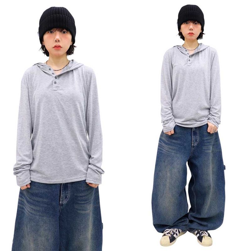 Basic Henley Neck Hooded Sleeve Long Sleeve Tee