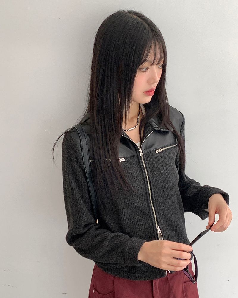 [MADE] Disher Leather Coloring 2-Way Zip-Up Wool Knit Jacket