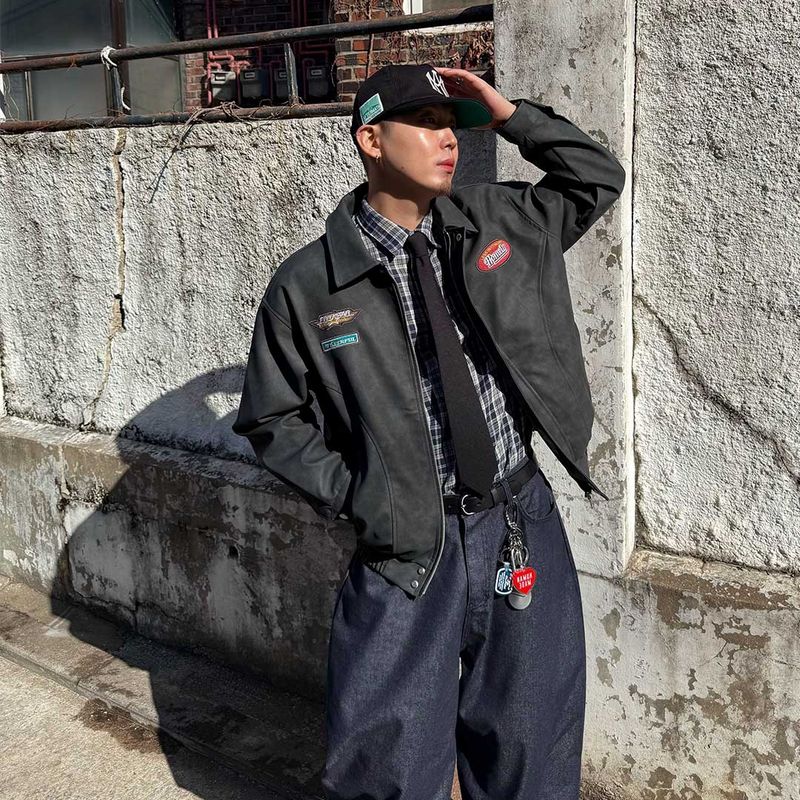 Oversized Vintage Patch Leather Jacket
