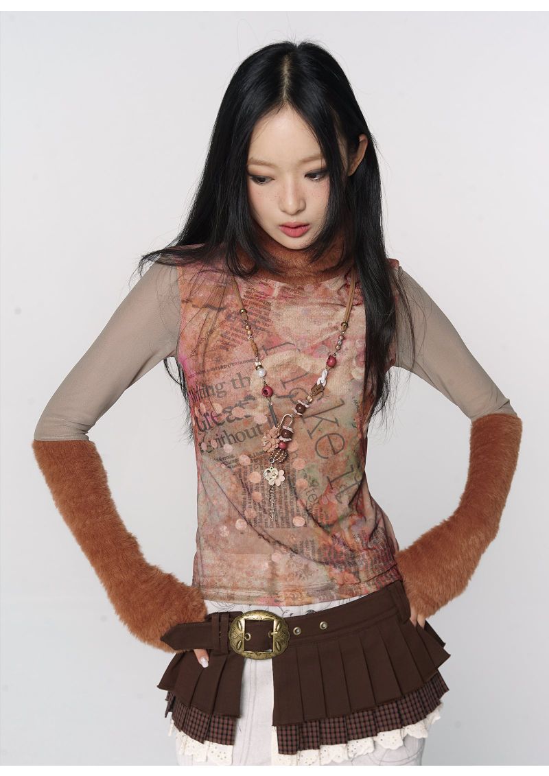 CONFUN original floral orange printed fur patchwork high-neck mesh base