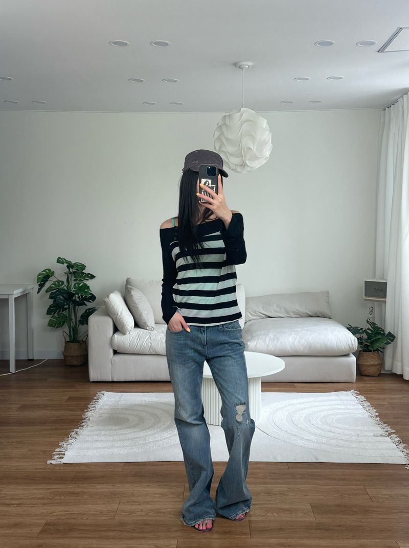 ストライプ オフショルダー Tシャツ