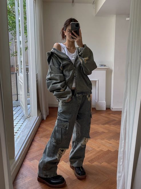 Damage Two Way Denim Hooded Jacket