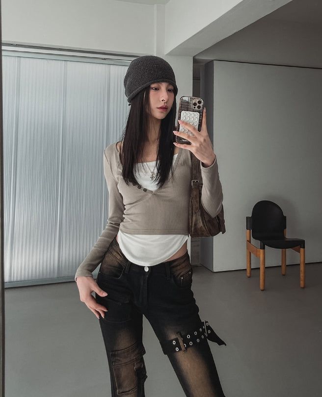 Ash Ribbed Deep Button Layered Long Sleeves