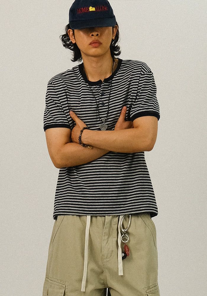 SEMIKAJI(セミカジ)の「TE Stripe Henry Neck Ringer 1/2 T(Tops)」