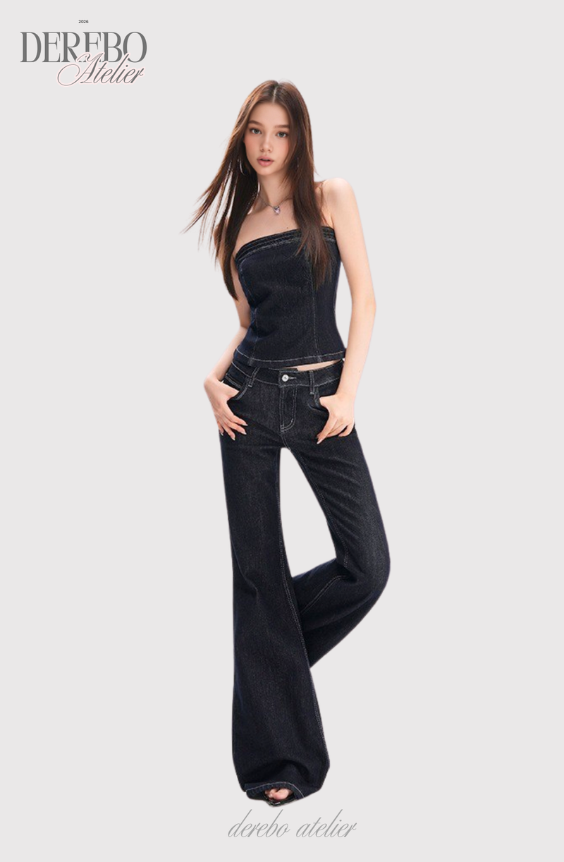 Deep green paper flared long denim pants